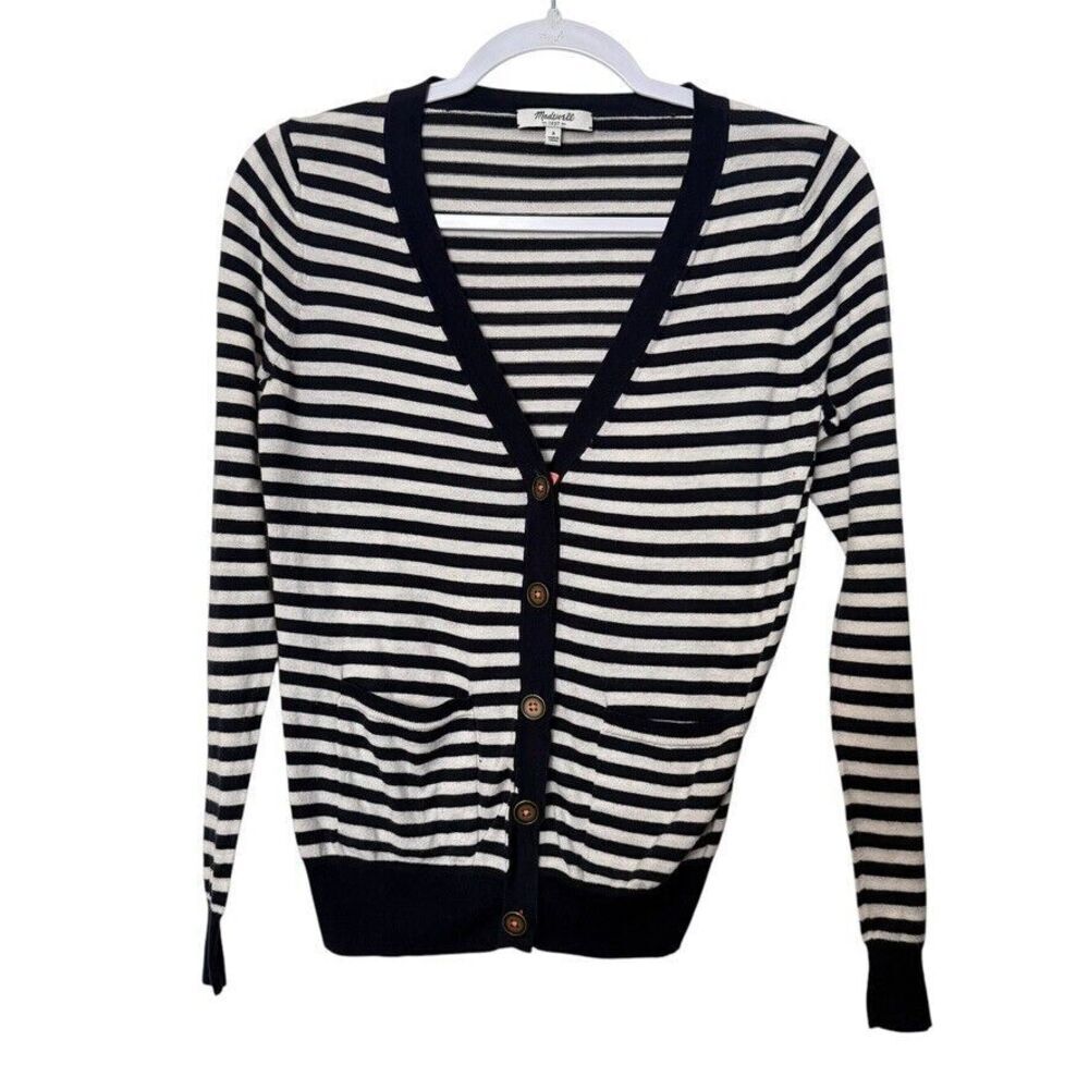Madewell V Neck Cardigan Sweater‎ Women S Navy White Striped Button Up Pockets